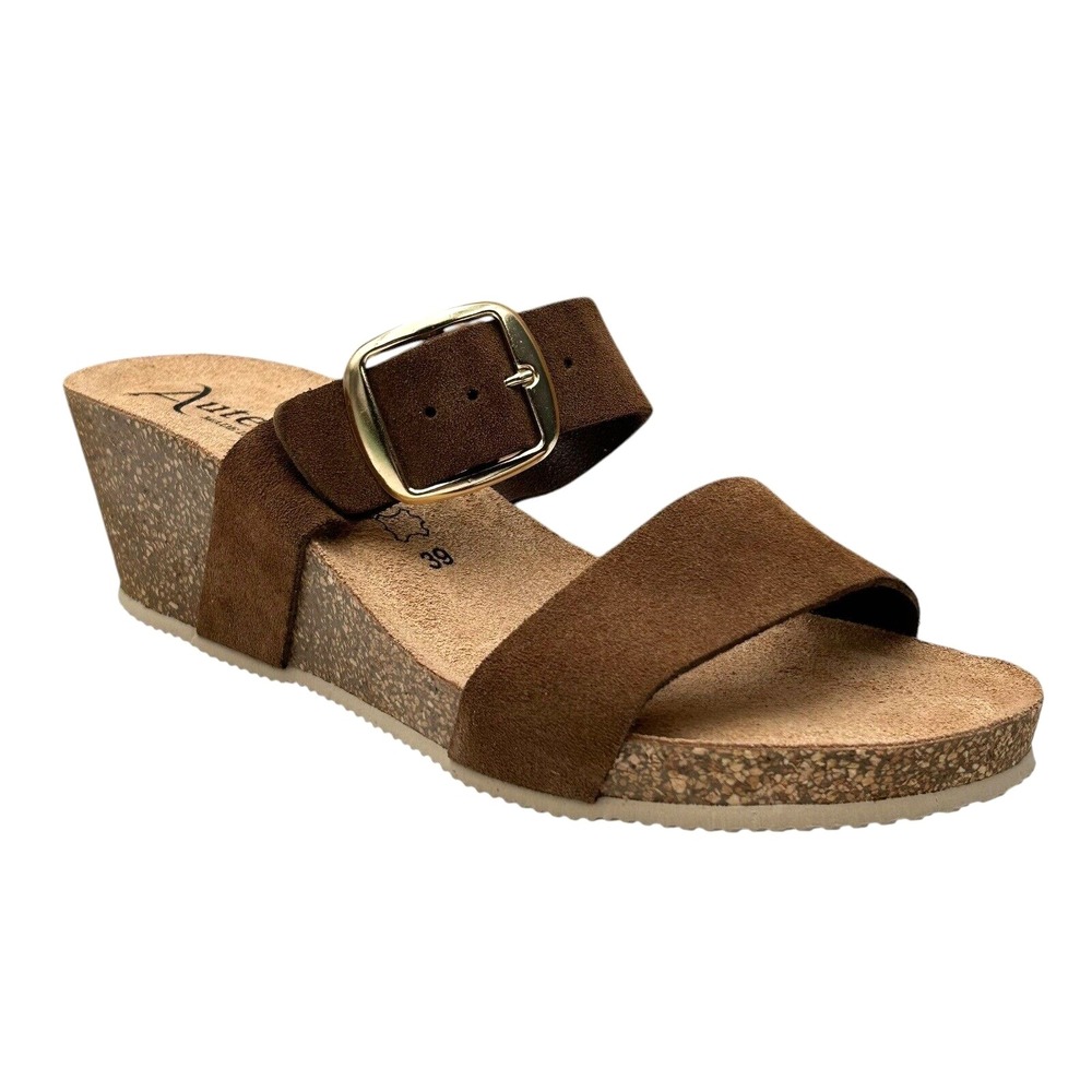 AUTENTI‎ Women's Suede Cork Wedge Sandals Size 9 Brown Dual Band Slide Style